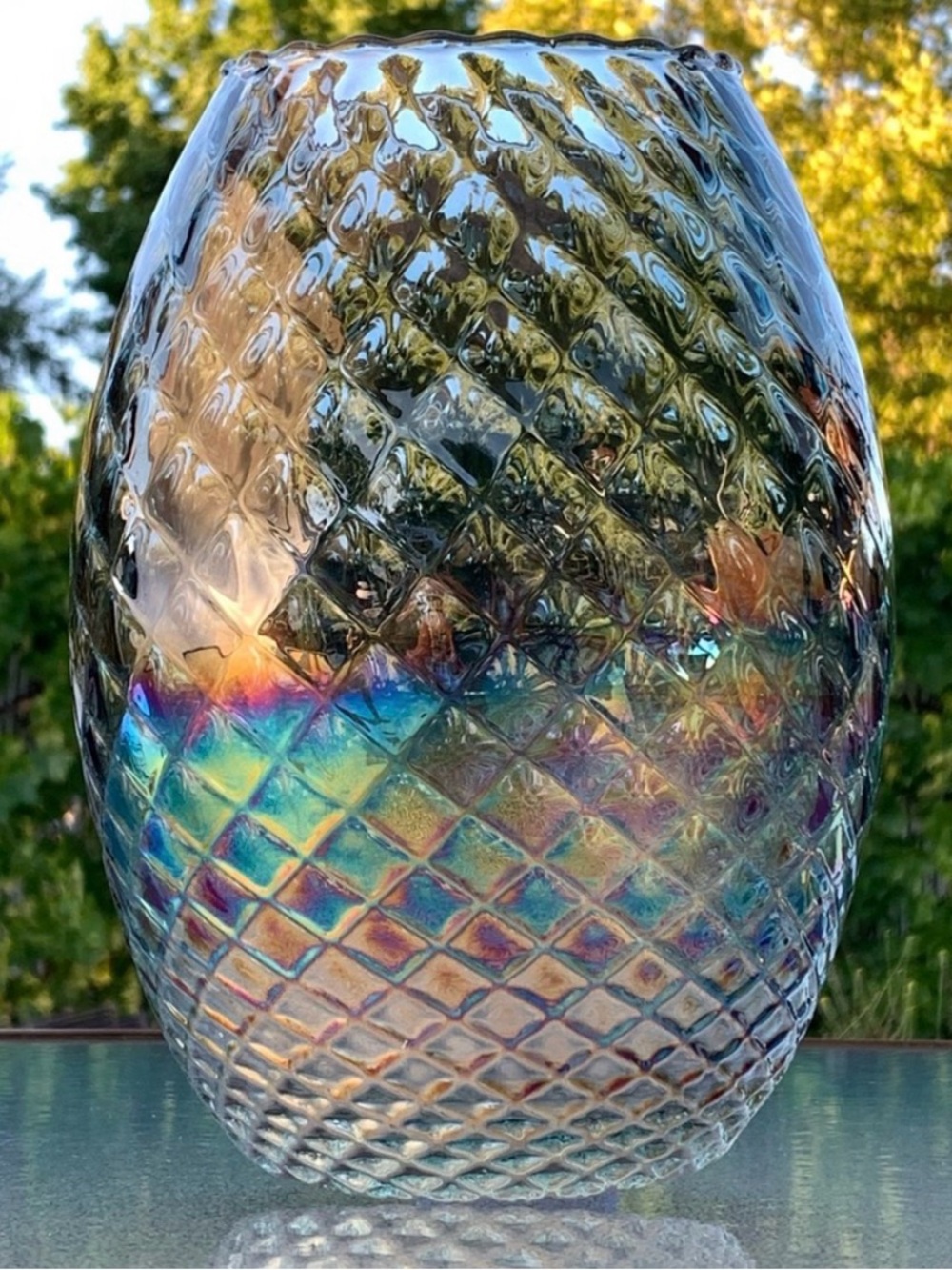 Spanish Iridescent Embossed Diamond Pattern Recycled Glass Large Table Vase - Picture 3 of 9